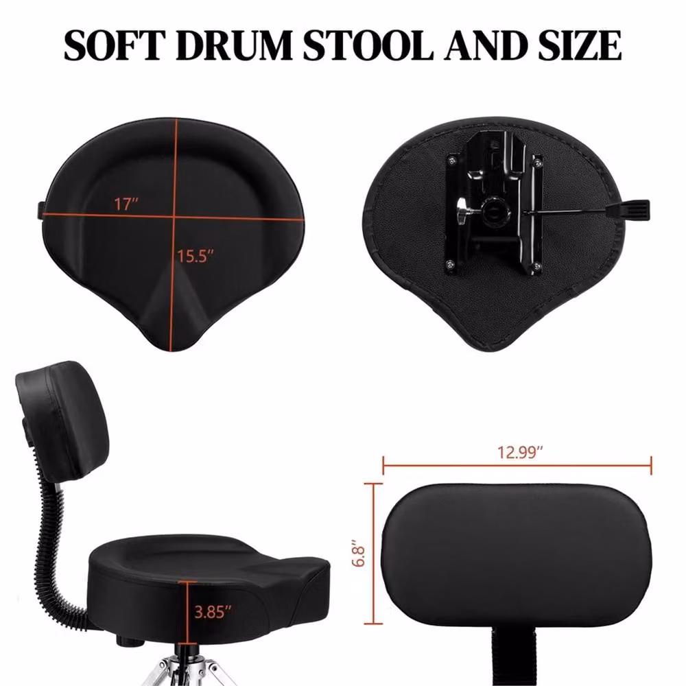 VOGREX Black Adjustable Hydraulic Drum Stool with Backrest and Matt Metal Finish – 2