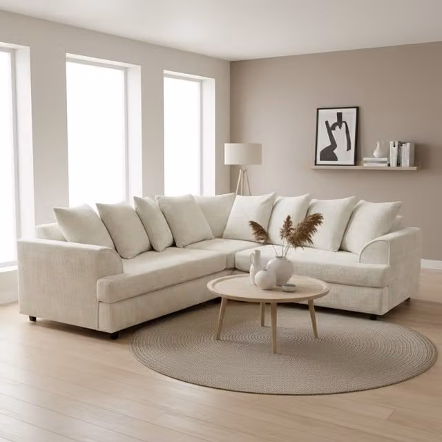 Abakus Direct Ferguson Chenille L-Shape Corner Sofa in Beige with Deep Seats and Scatter Cushions