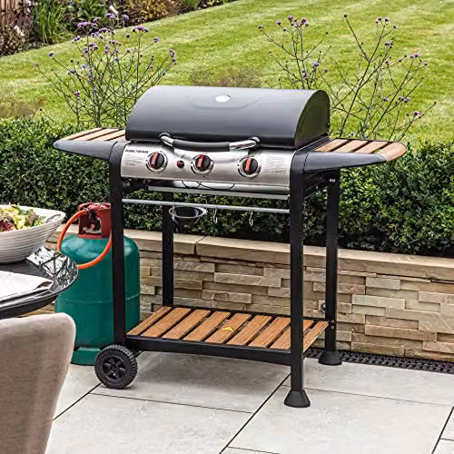 George Foreman 3 Burner Gas BBQ with Automatic Ignition, Integrated Thermometer and Wood Effect Shelves, Black – 2