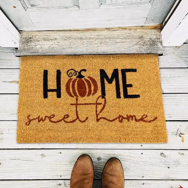 Marco Paul Pumpkin Home Sweet Home Coir Door Mat in Brown and Black