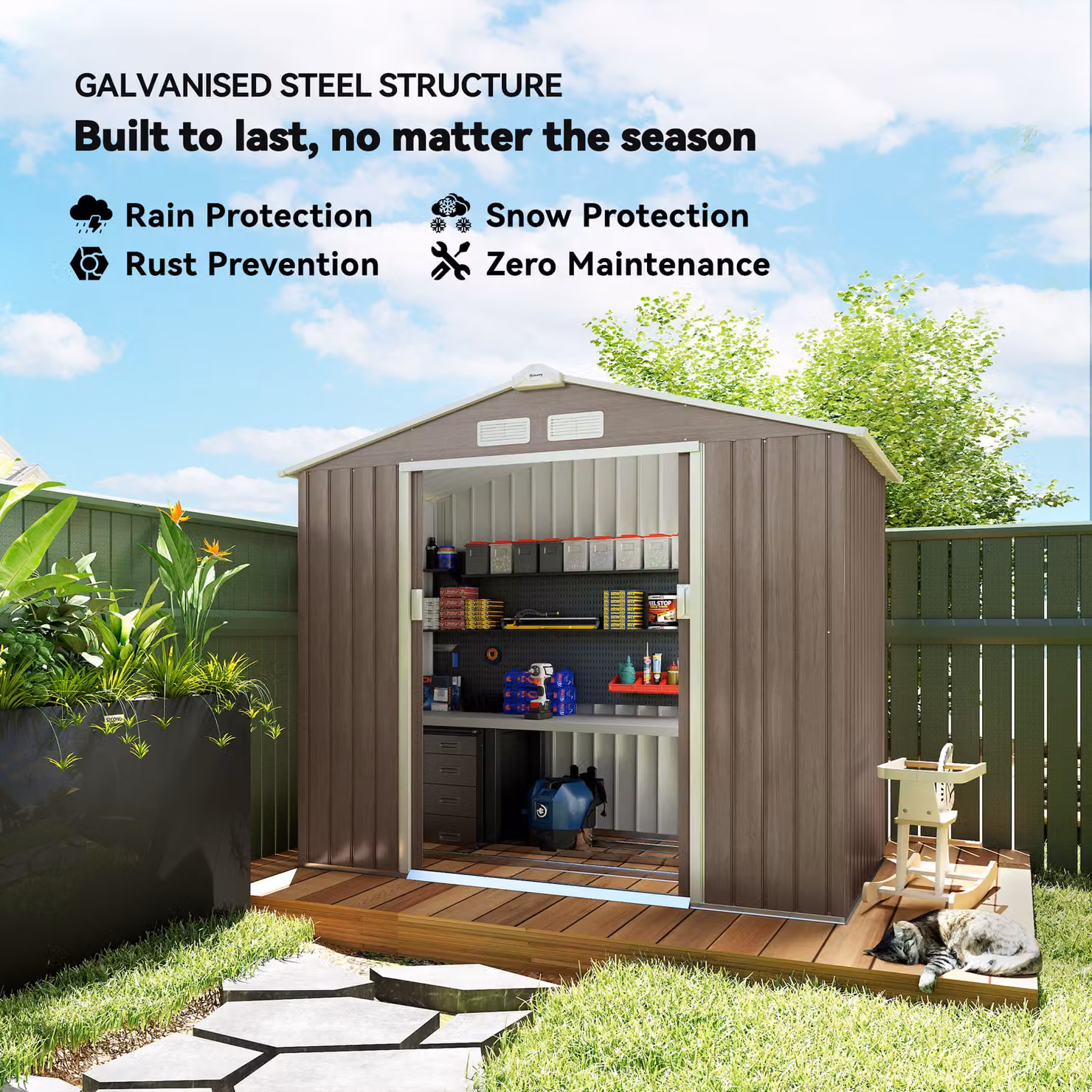 Outsunny Brown Metal Garden Shed with Lockable Double Doors and Floor Foundation, W: 213.36 cm, D: 121.92 cm, H: 119.0 cm – 3