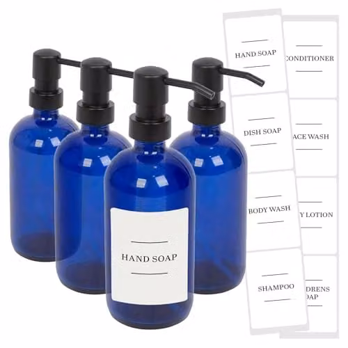 Harbour Housewares Pack of 4 Blue Glass Soap Dispensers with Black Pumps and White Labels, 500ml – 1