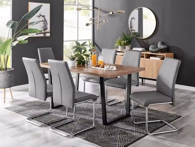 FurnitureboxUK Kylo Large Brown Wood Effect Rectangular Dining Table and 6 Lorenzo Grey Faux Leather Chairs – 1
