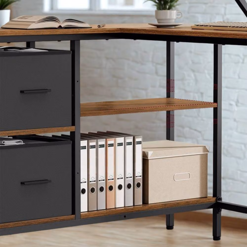 Pirlo Plush Industrial Rustic L-Shaped Corner Computer Desk with Drawers, Brown – 3