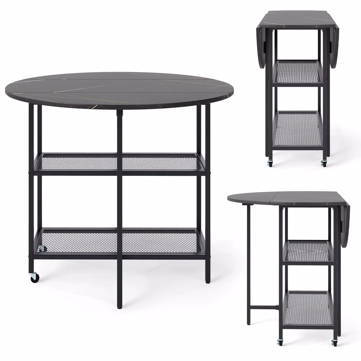 Gymax Modern Round Kitchen Dining Table with Drop Leaf Top in Black, Diameter: 100 cm – 5