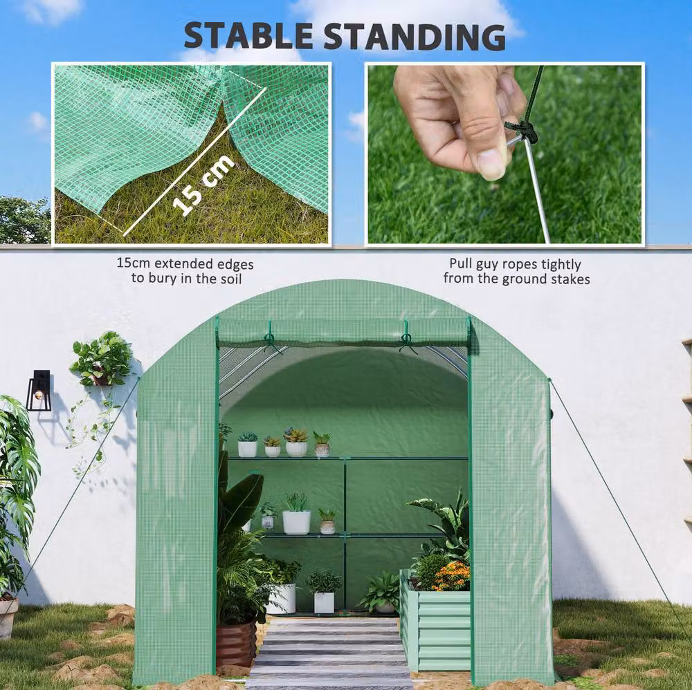 STILVORA Green Walk-In Polytunnel Greenhouse with 3 Doors and Roller Windows – 4