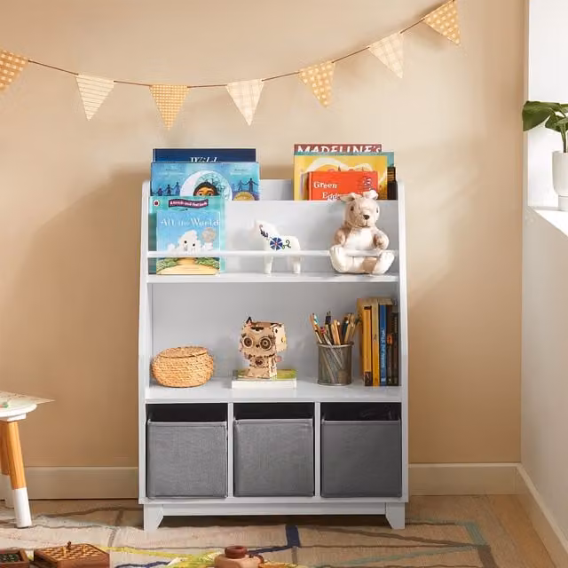SoBuy Kids Bookcase Organizer with 3 Fabric Drawers in Grey and White