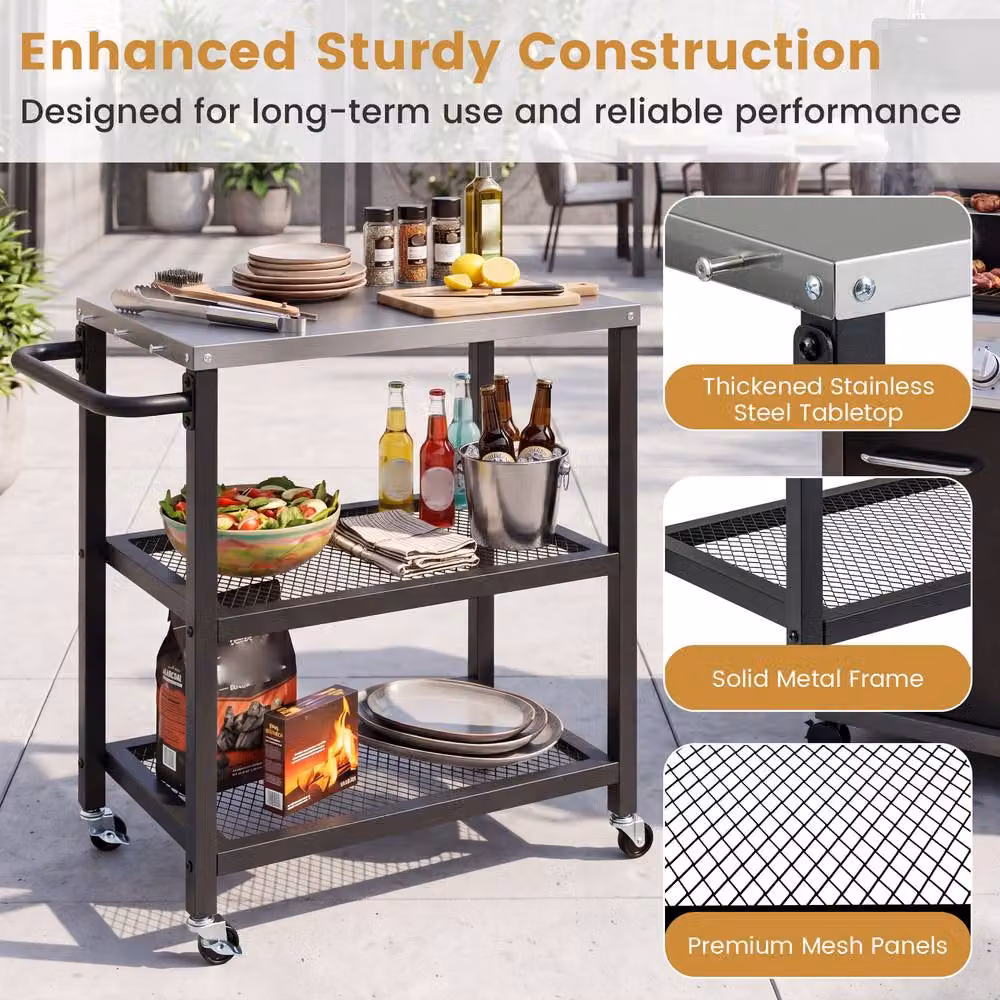 Costway 3-Tier Rolling Metal Kitchen and Garden Utility Cart with 6 Hanging Posts in Black – 6