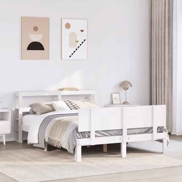 Berkfield Home Small Double Bed Frame with Headboard and Side Compartments in White Solid Pine Wood, W/D/H: 120 x 200 cm