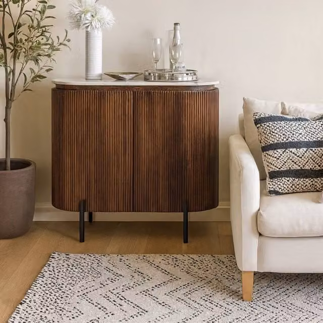 Wyld Haus Alabama Ribbed Mango Wood Sideboard Drinks Cabinet with Marble Top in Brown and Black – 1