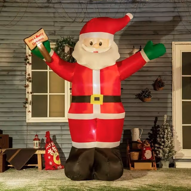 OUTSUNNY 8ft Inflatable Christmas Santa Claus Holding Light Sign of Blessings in Red