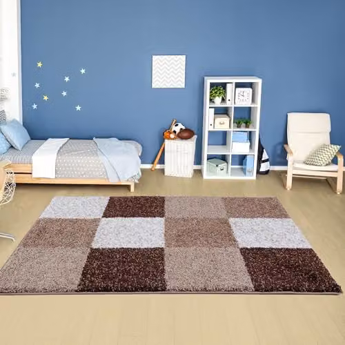 THE RUGS Brown and Ivory Checked Modern Shaggy Area Rug, W: 240 cm, D: 340 cm – 10