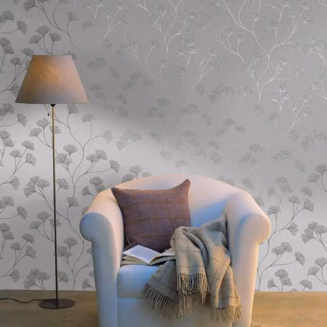 Holden Glistening Ginkgo Floral Grey and Rosegold Metallic Shimmer Effect Wallpaper