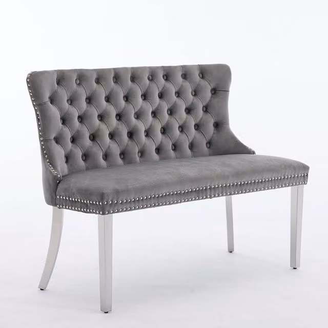 HomeTouch Grey Velvet Double Dining Bench Loveseat with Chrome Steel Legs
