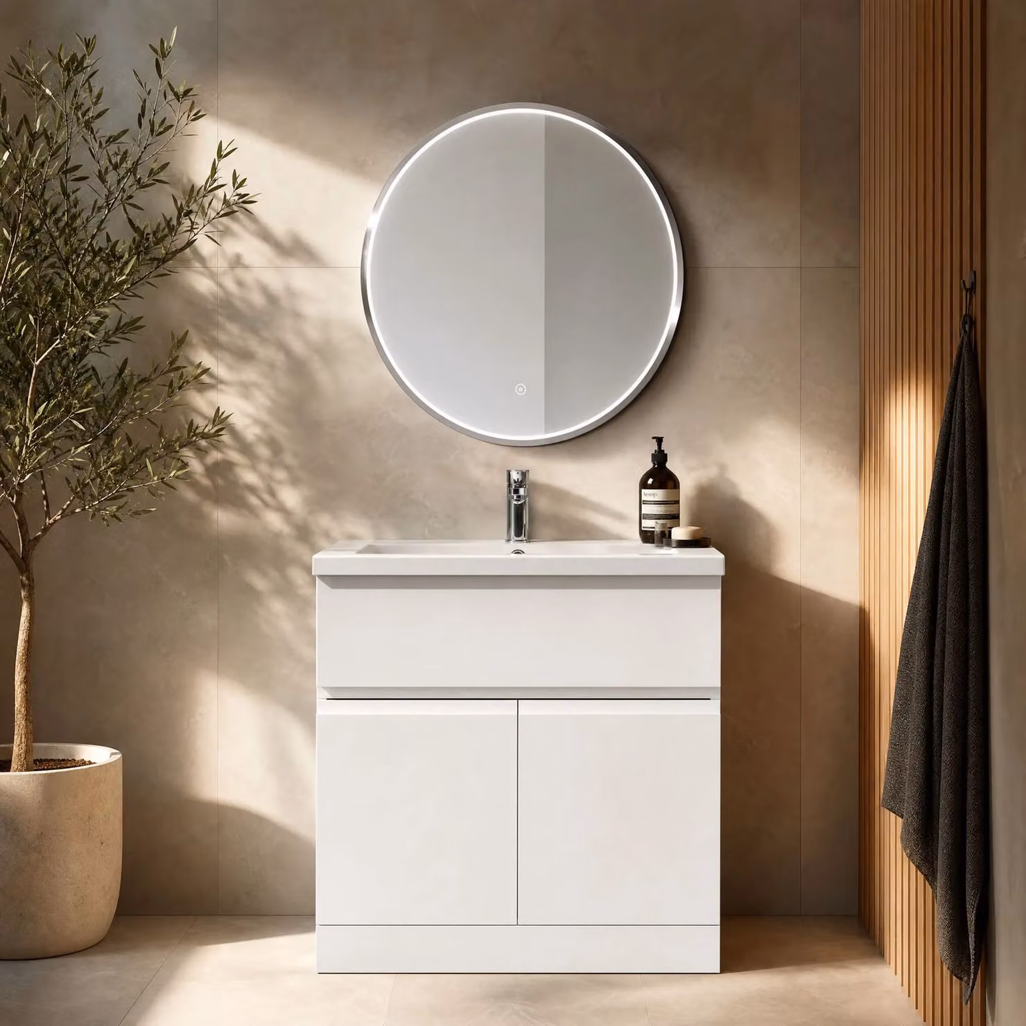 Balterley Round LED Bathroom Mirror with Demister Pad and Touch Sensor, Silver, W: 60 cm, H: 60 cm, D: 1 cm – 3