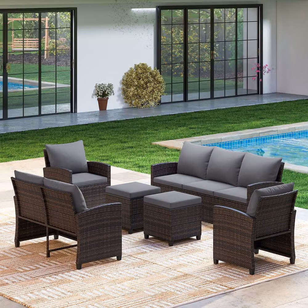 Costway 6-Piece Grey PE Wicker Rattan Patio Furniture Sectional Conversation Set – 3