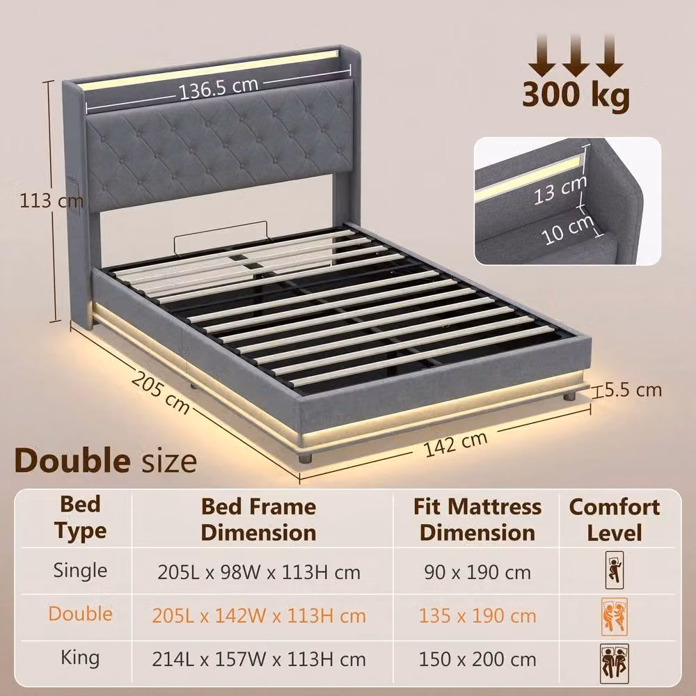 HOMCOM Double Lift Up Storage Bed Frame with RGB LED Lights and USB Charging Ports in Dark Grey – 3