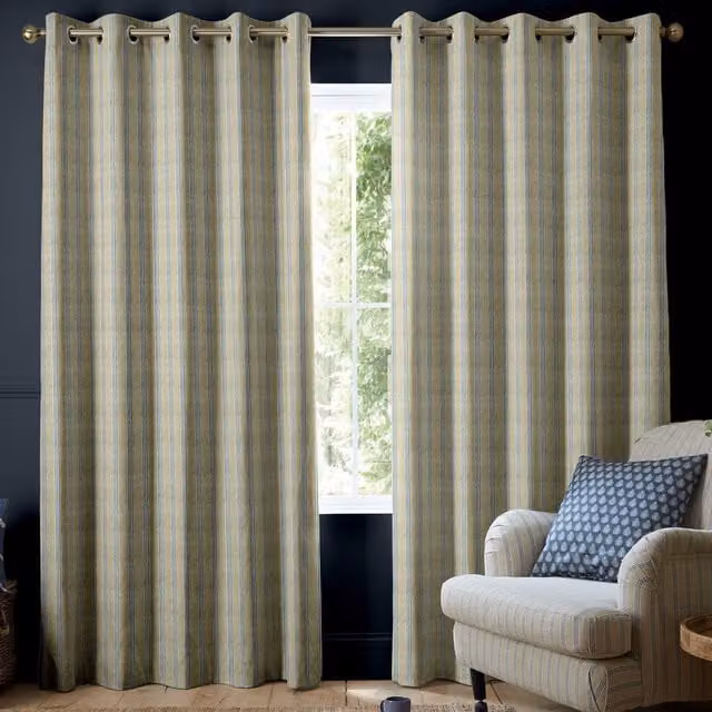 Emily Bond George Stripe Made to Measure Blackout Eyelet Curtain Panel in Blue and Black
