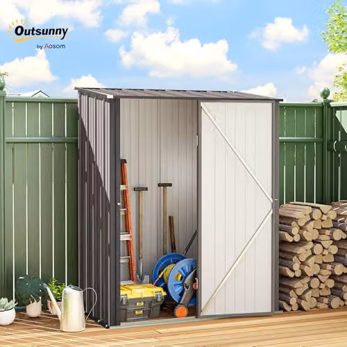 Outsunny Metal Lean-to Garden Storage Shed with Single Lockable Door in Grey, W: 161.5 cm, D: 94.5 cm, H: 196 cm – 2