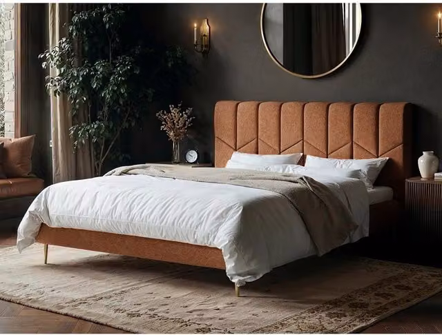 SOLACE+CO Isabela Modern Fabric Bed in Orange, W/D/H: 140 x 200 cm