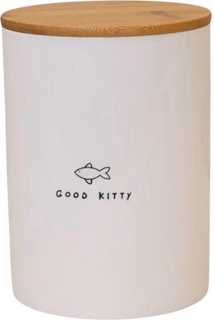 Four Candle Good Kitty Ceramic Treat Jar with Bamboo Lid, White