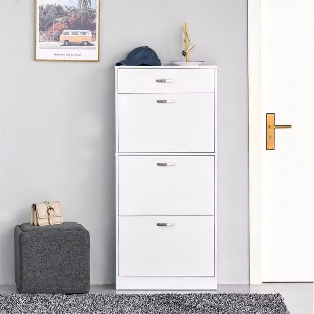 Nordara White High Gloss Modern Shoe Cabinet with Tilting Compartments and Internal Drawers, H 135 x W 62 x D 24 cm