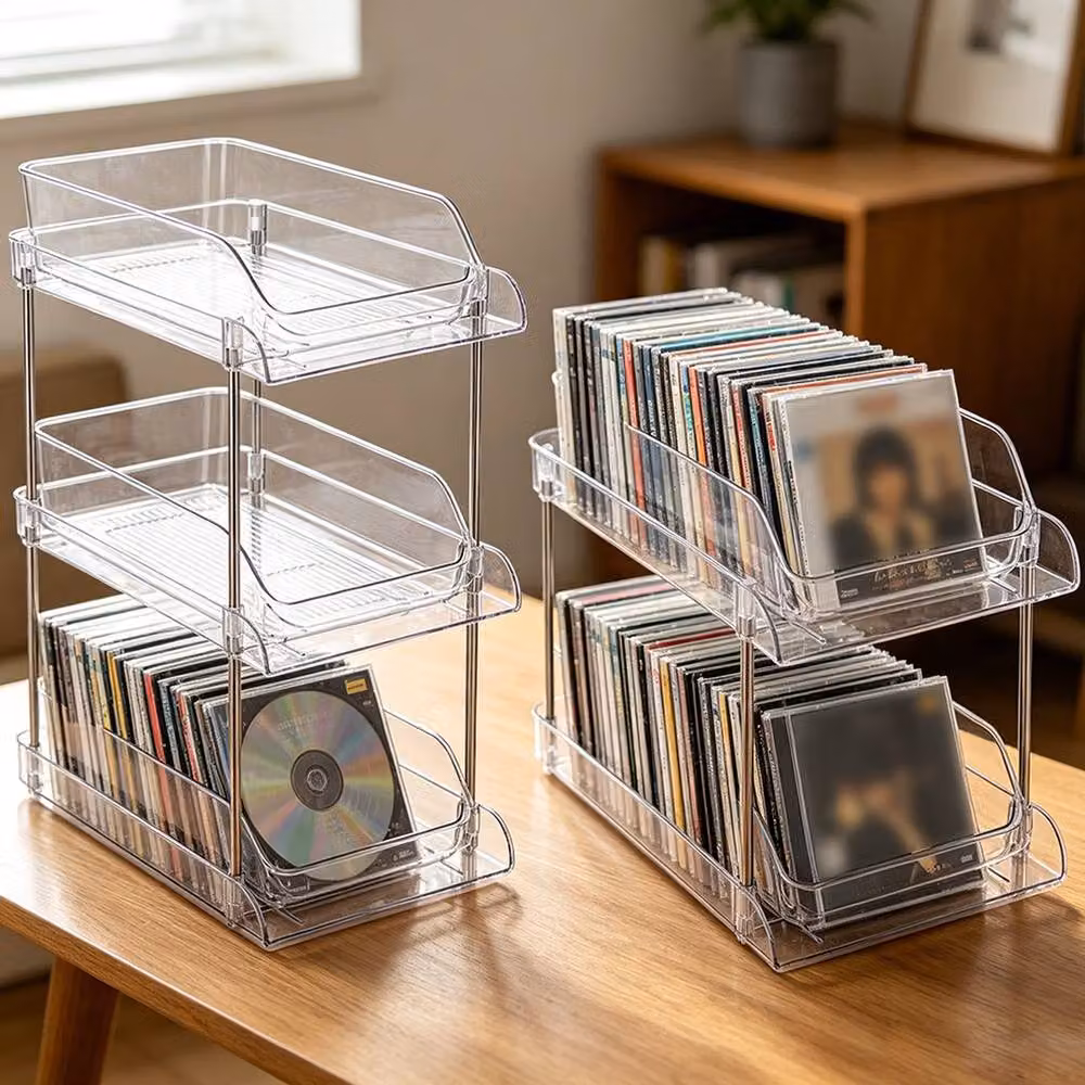 Ventryn 3 Tier CD DVD Storage Rack Clear Plastic Drawer Organizer, W: 43.0 cm, D: 16.0 cm – 3
