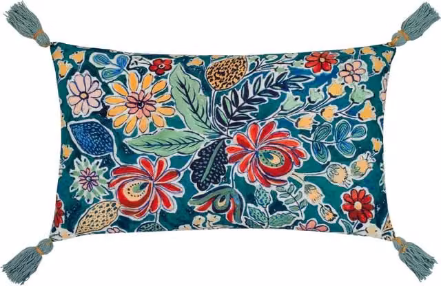 Make it a Home Adeline Floral Tasselled Rectangular Cushion in Multicolour and Teal with Polyester and Feather Filling