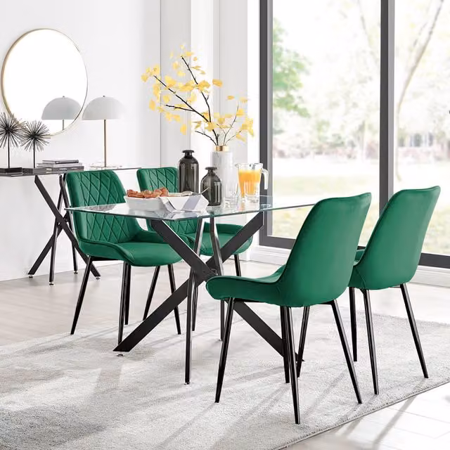 FurnitureboxUK Leonardo Green Glass Rectangular Dining Table with 4 Pesaro Black Leg Chairs, W: 120 cm