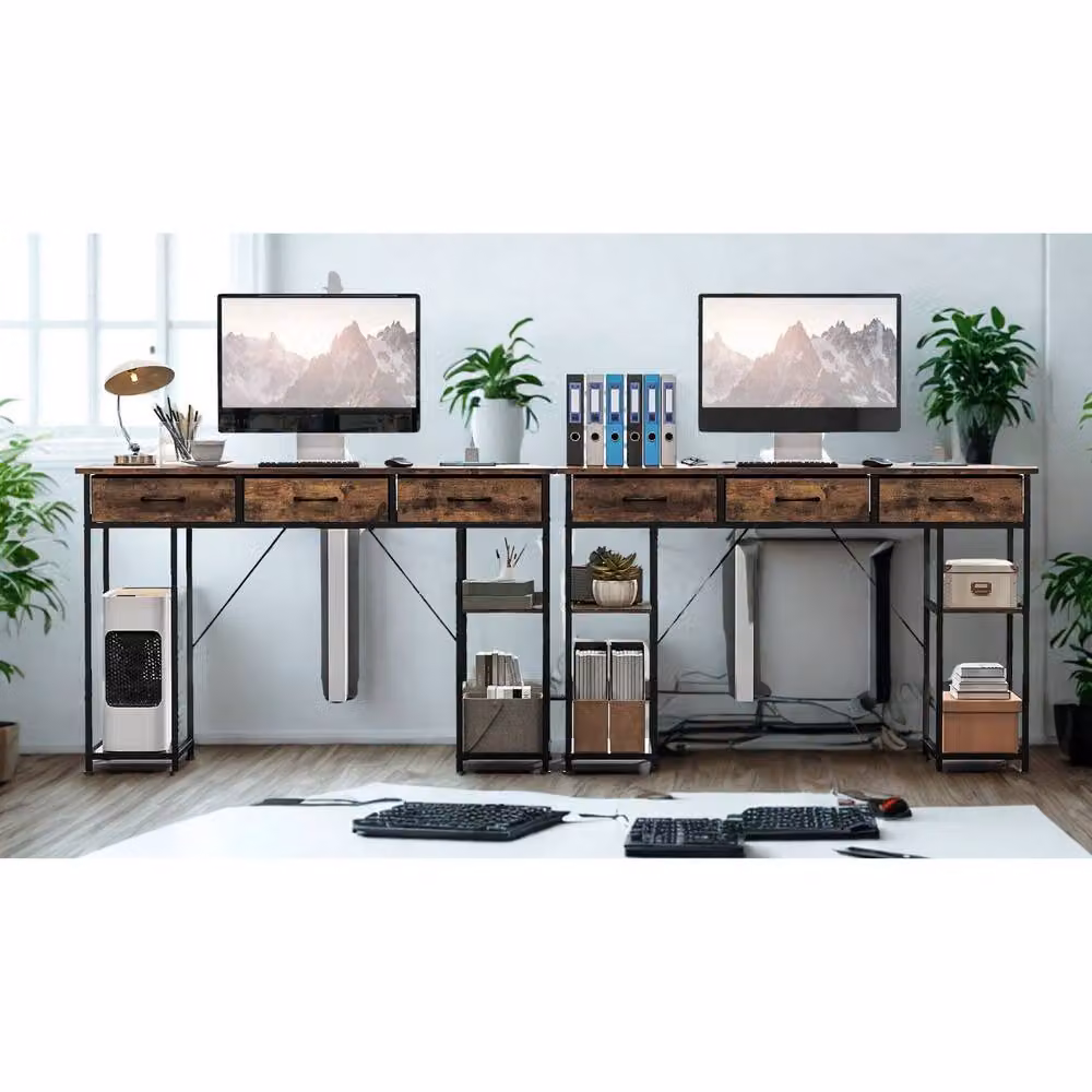 FURNOS Industrial Computer Desk with Drawers and USB Outlets, Brown, W: 120 cm, D: 40 cm, H: 76 cm – 4