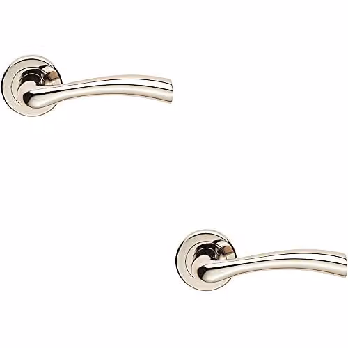 Loops Pair of Curved Flared Door Handles with Concealed Fix Round Rose in Polished Nickel