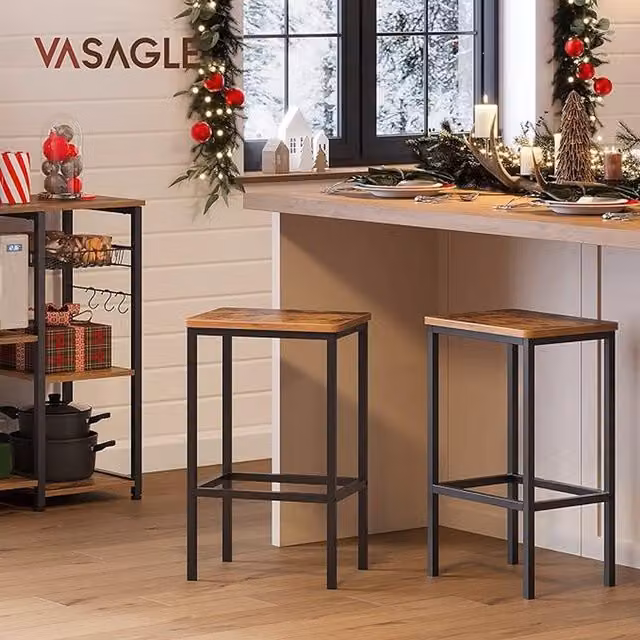 VASAGLE Set of 2 Industrial Style Bar Stools in Brown and Black