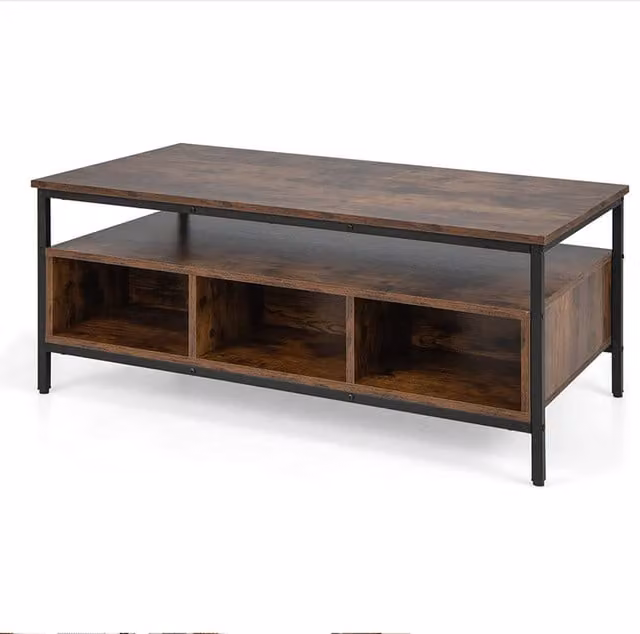 COSTWAY Industrial Rectangular Coffee Table in Brown Wood and Metal