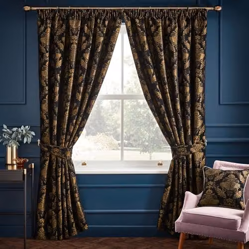 Paoletti Shiraz Traditional Jacquard Pencil Pleat Curtains, Black and Gold, H: 229.1 cm x W: 167.9 cm – 2