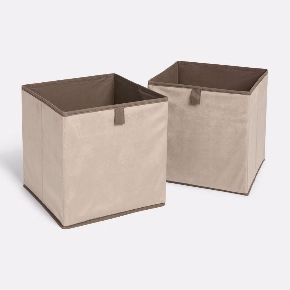 OHS 2 x Matte Velvet Cube Storage Boxes, Foldable Fabric Organisers in Beige – 2