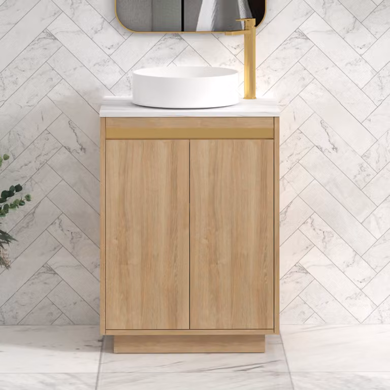Royal Bathrooms Orion 600mm Natural Oak Floor Standing 2 Door Vanity Unit with Carrara White Undrilled Worktop and Brushed Brass Accent Trim