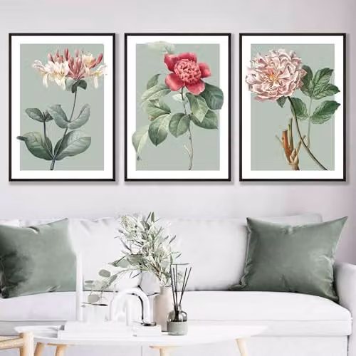 ARTZE Set of 3 Vintage Floral Botanical Paper Posters in Green, Pink and White, W: 42 cm, H: 59 cm – 1