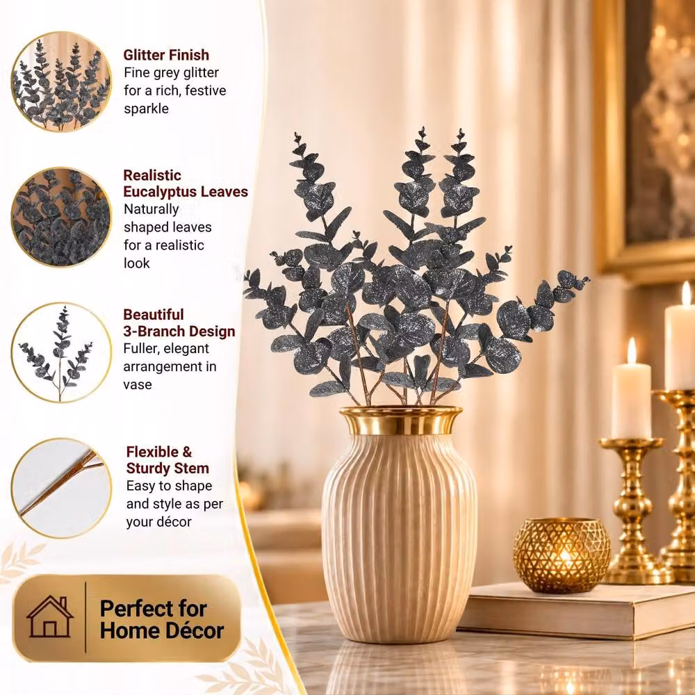 Shatchi 12 Pack Grey Glitter Artificial Eucalyptus Christmas Tree Picks, 55 cm – 4