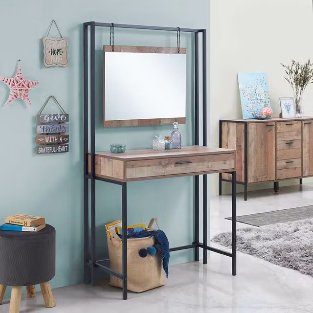 Timber Art Design UK Stretton Dressing Table with Mirror in Rustic Brown Wood