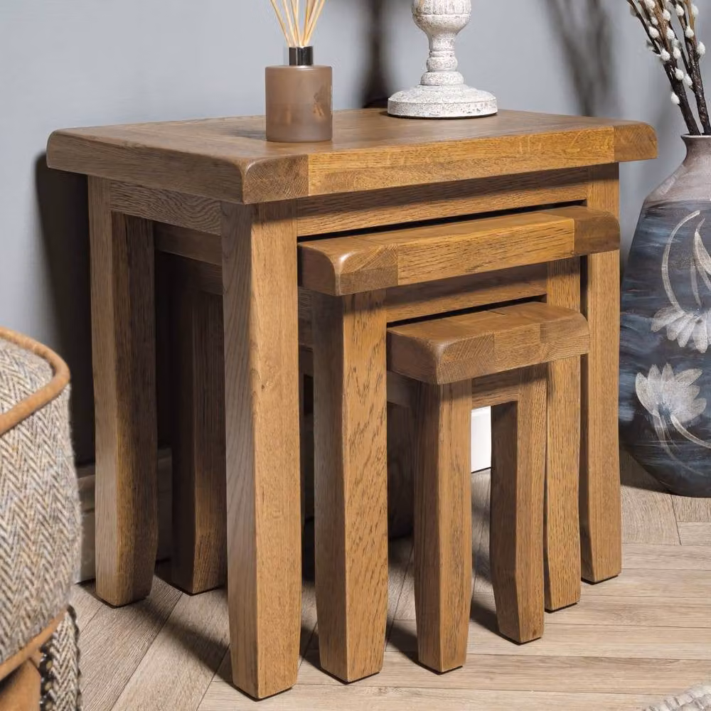 Elm Home And Garden Rustic Oak Nest of 3 Square Side Tables in Brown – 2
