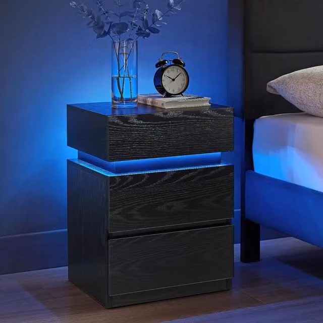 VASAGLE Modern Bedside Table with Integrated LED Lights in Black