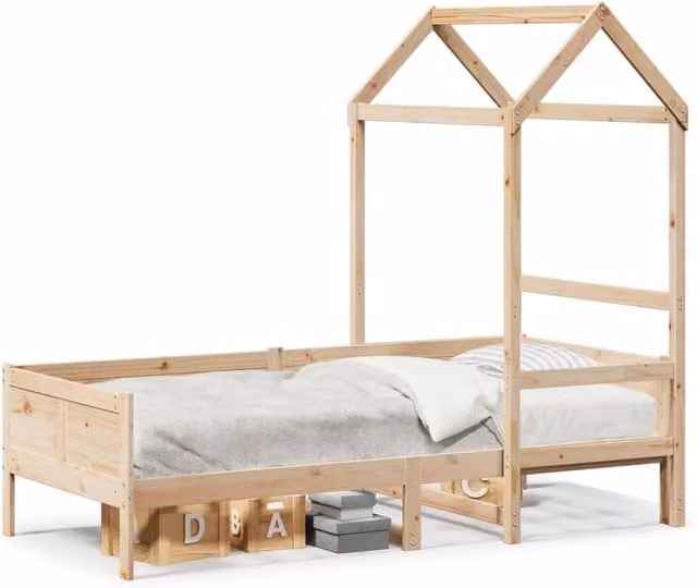 Berkfield Home Solid Wood Day Bed with Roof in Beige, W/D/H: 80 x 200 cm