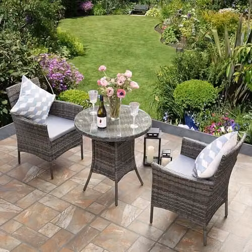 RayGar 3 Piece Grey Rattan Bistro Set with Glass Top Coffee Table and 2 Chairs for Garden and Terrace