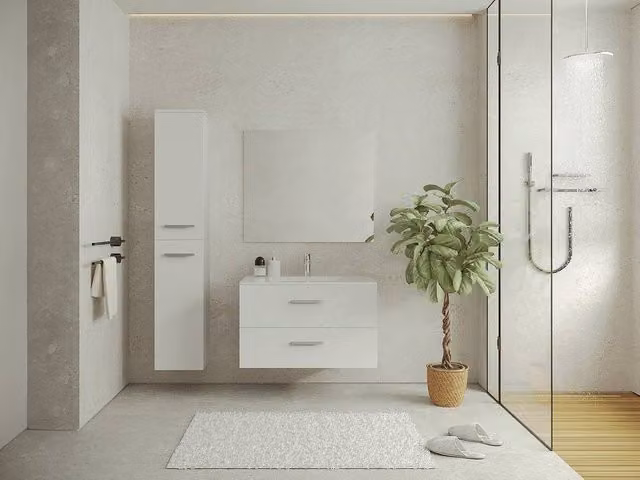 Vente-unique Wall-Mounted White Glossy Bathroom Vanity Unit with Ceramic Basin and Tall Storage Column