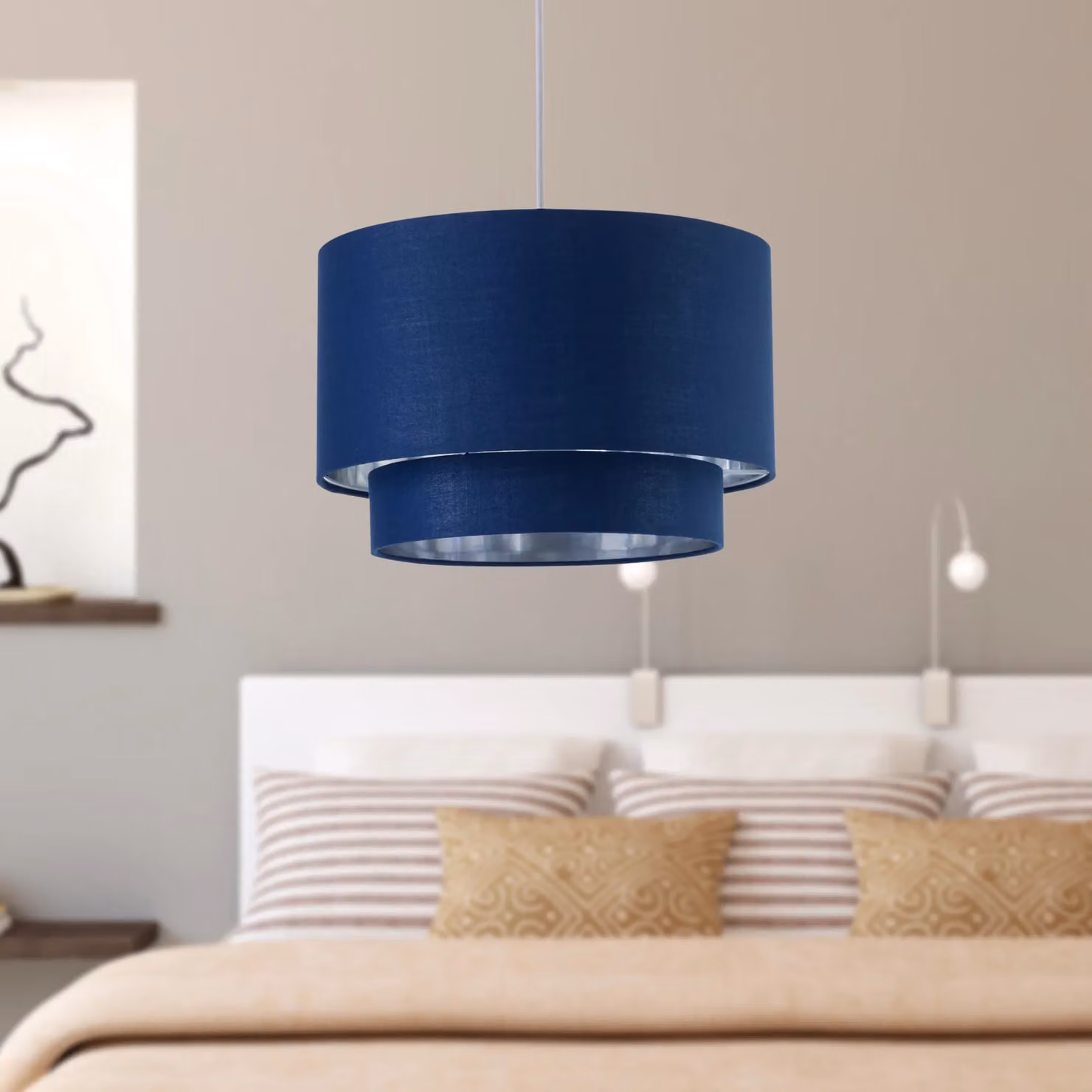 First Choice Lighting Kozy Modern Cylinder Easy Fit Pendant Shade in Blue and Silver, Diameter: 30 cm – 5