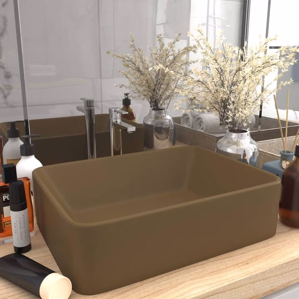 Berkfield Home Luxury Ceramic Rectangular Countertop Wash Basin in Beige, W: 41 cm, D: 30 cm, H: 12 cm – 2