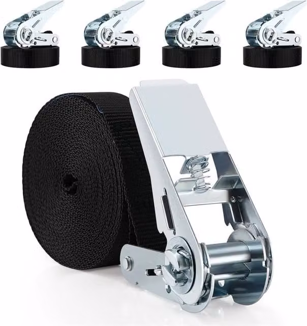 SPETLEK Set of 4 Black Ratchet Tie Down Lashing Straps, 1000kg Capacity, W/D/H: 4 x 4 m x 25 mm – 1