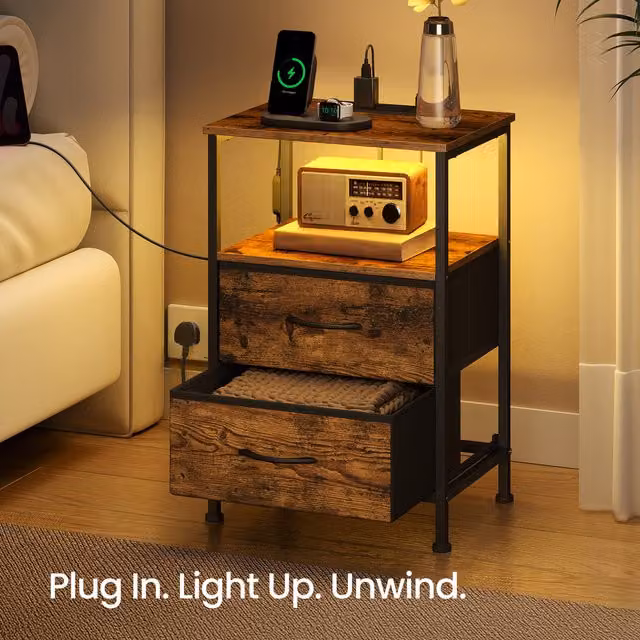 SONGMICS Set of 2 Modern Brown Bedside Tables with App-Controlled Adjustable LED Lighting