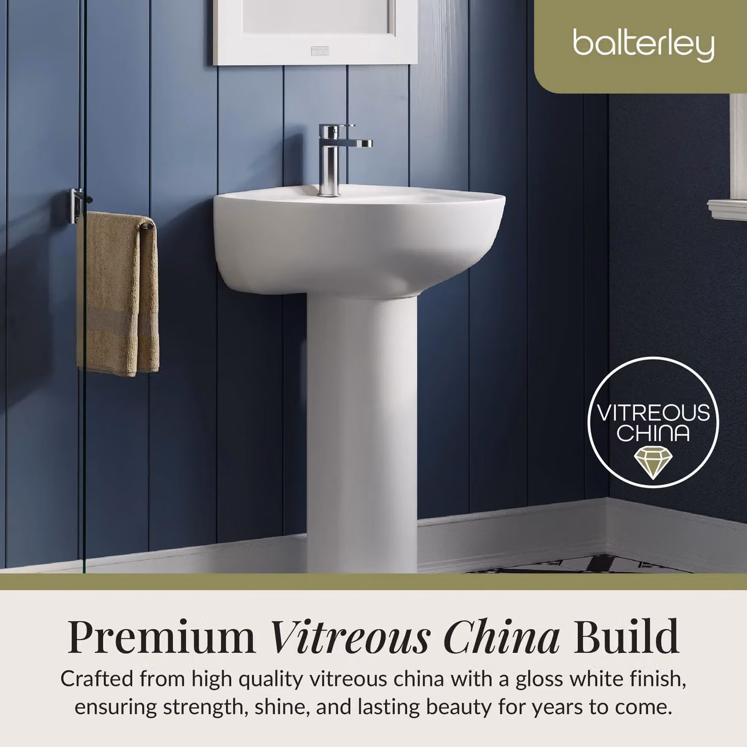 Balterley Adley Round 1 Tap Hole Ceramic Basin with Full Pedestal, White, W: 55 cm, H: 84 cm, D: 47.5 cm – 4