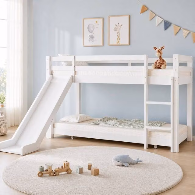 STILVORA Junior Single Bed Frame in White Lacquered Solid Wood, W/D/H: 90 x 200 x 110 cm